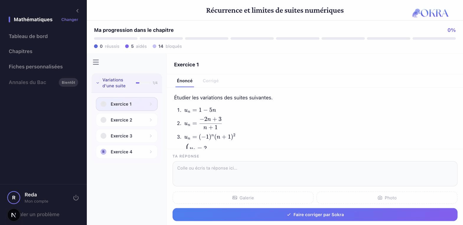 Aperçu de l'espace Sokra : cours, exercices, correction et fiche personnalisée